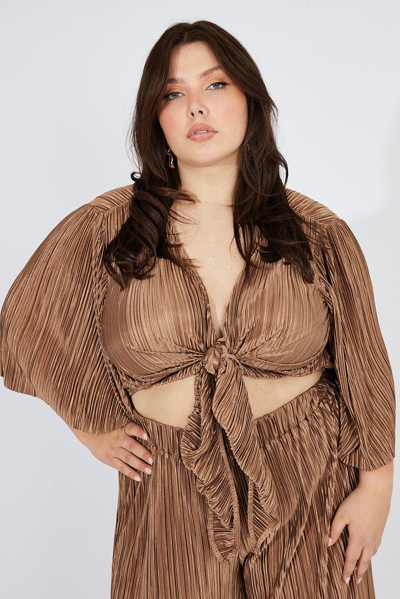 Brown Plisse Satin Flare Sleeve Tie Bolero Top for YouandAll Fashion