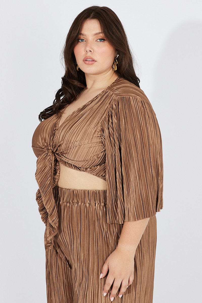 Brown Plisse Satin Flare Sleeve Tie Bolero Top You All brown-plisse-satin-flare-sleeve-tie-bolero-top-you-all