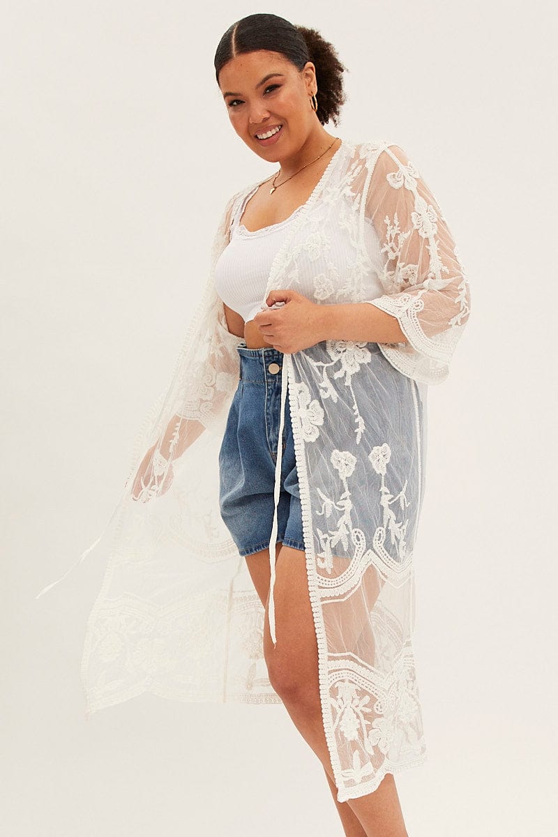 White Mesh Kimono Short Sleeve Embroidered for YouandAll Fashion