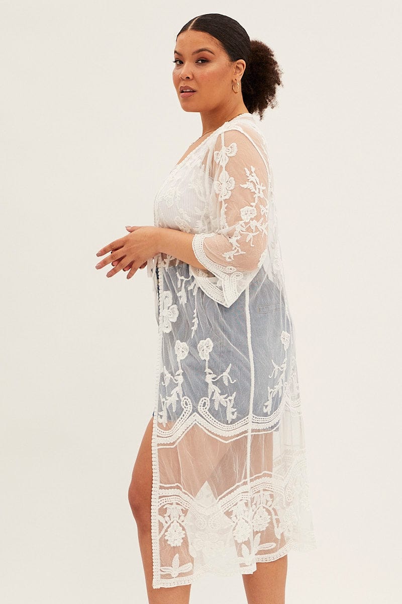 White Mesh Kimono Short Sleeve Embroidered for YouandAll Fashion
