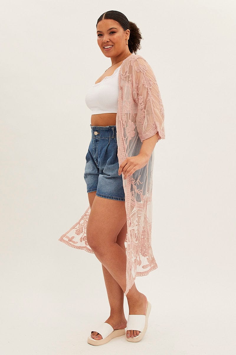 Pink Mesh Kimono Short Sleeve Embroidered for YouandAll Fashion
