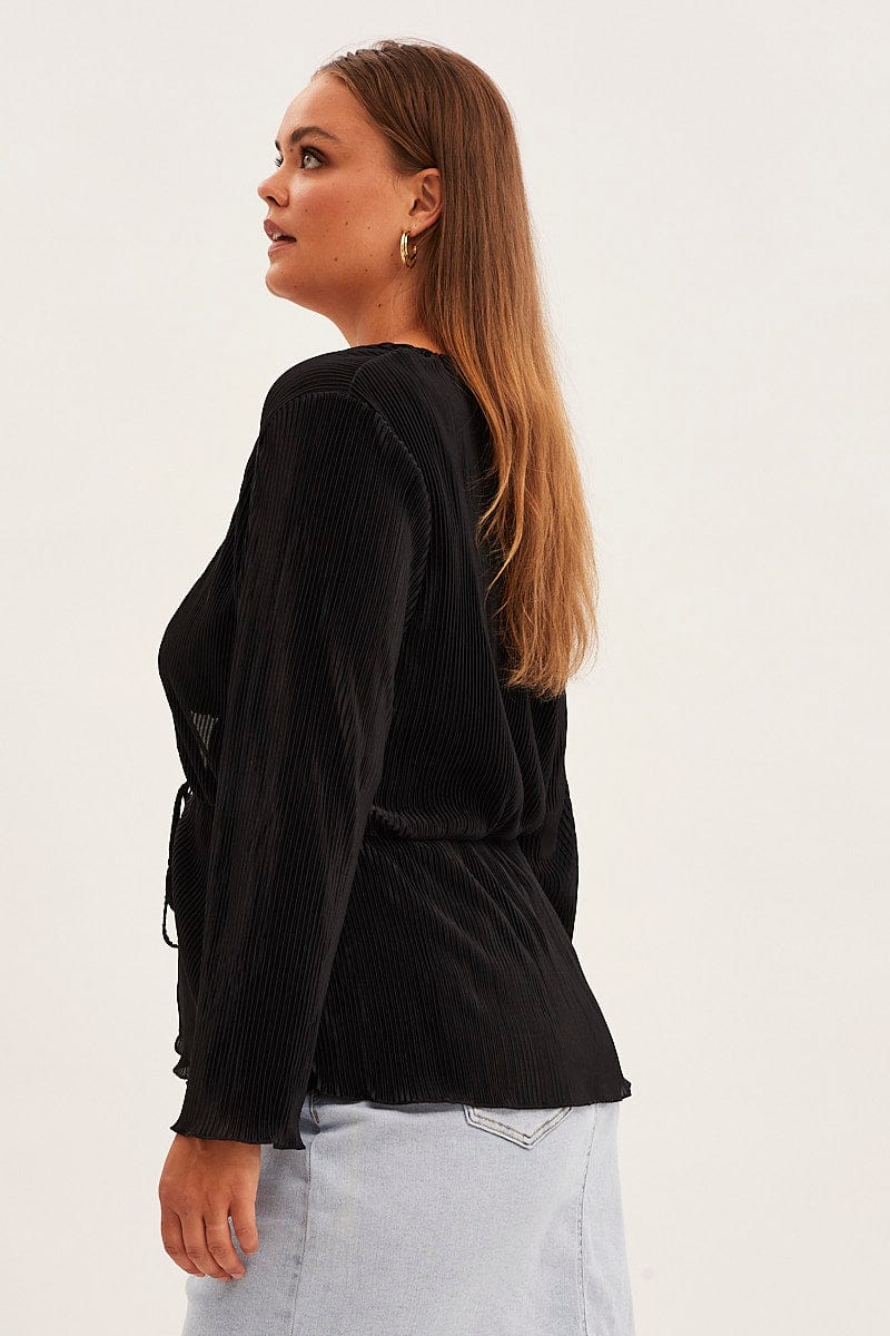 Black Plisse Jacket Tie Front Long Sleeve for YouandAll Fashion
