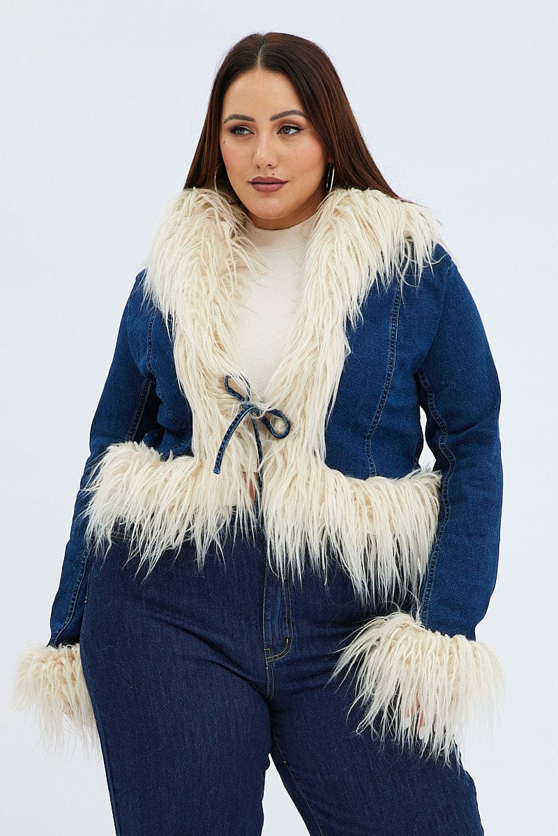 Denim Denim Jacket Shaggy Fur Trim Stretch for YouandAll Fashion