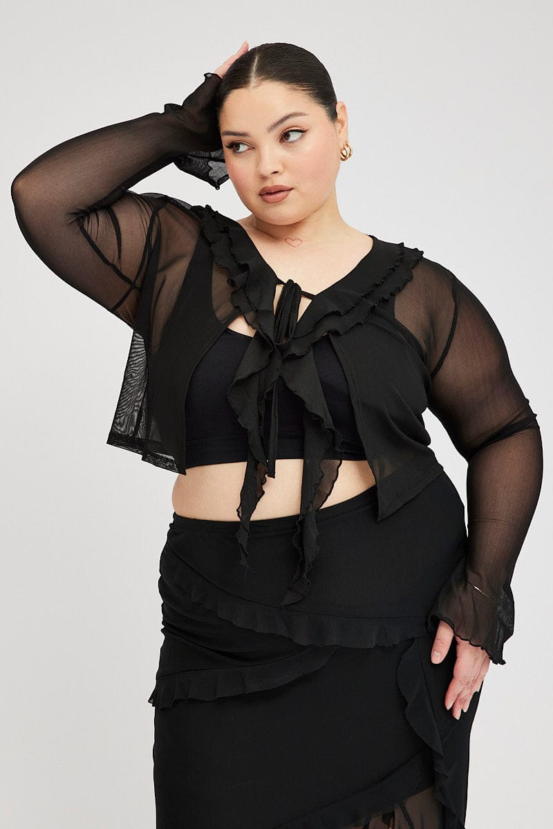 Black Bolero Frill Mesh Tie Front for YouandAll Fashion