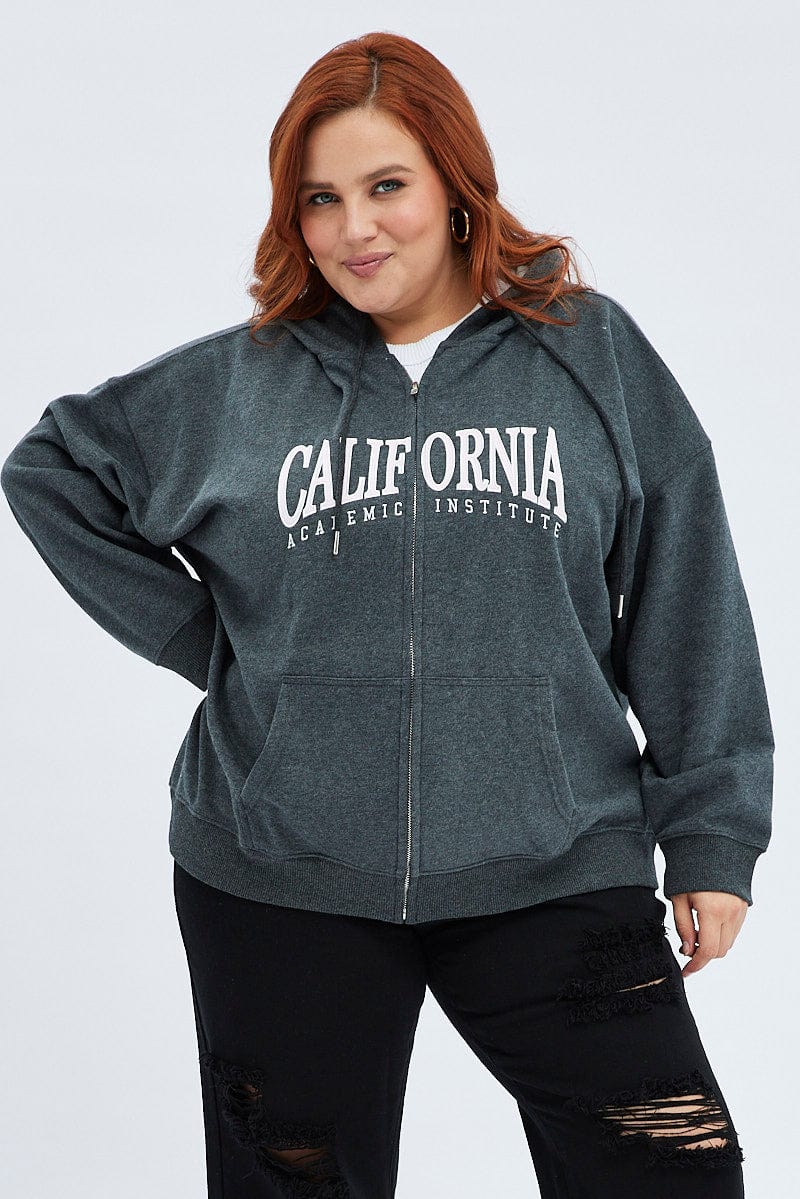 Grey Hoodie Jacket Zip Fleece California Embroidered for YouandAll Fashion
