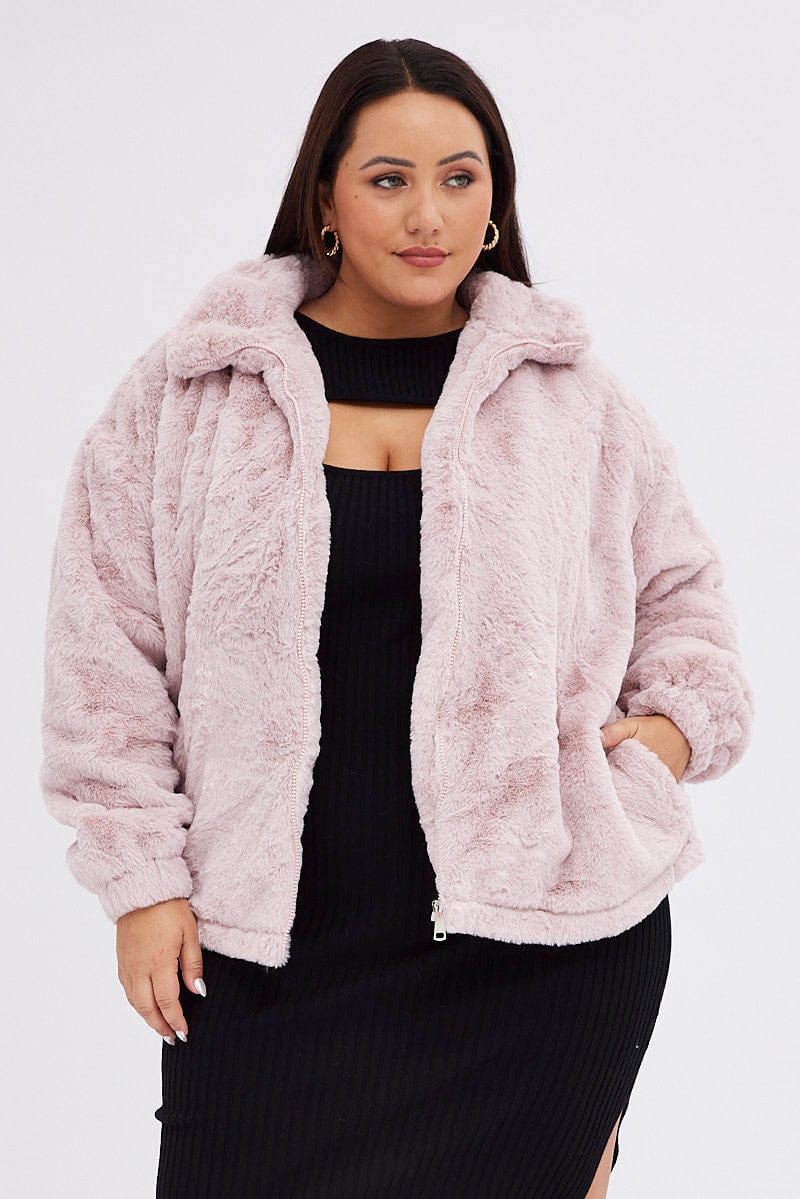 Pink Zip Jacket Lined Plush Faux Fur for YouandAll Fashion