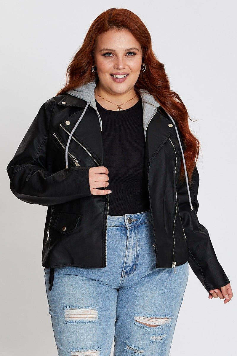 Black Jersey Insert Faux Leather Biker Jacket For Women By You And All
