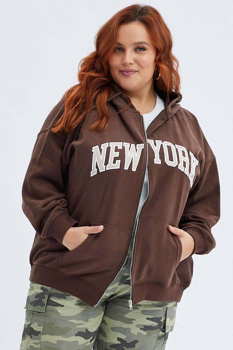 Brown Zip Hoodie Jacket New York Embroidery for YouandAll Fashion