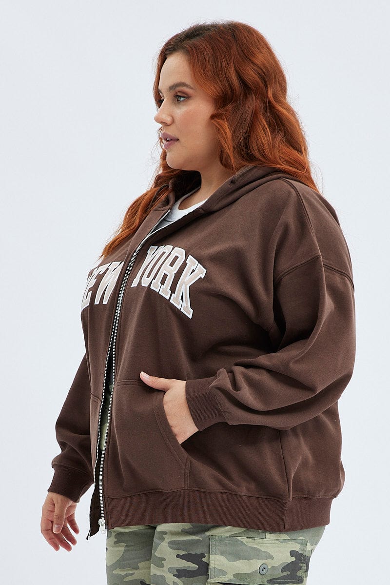 Brown Zip Hoodie Jacket New York Embroidery for YouandAll Fashion