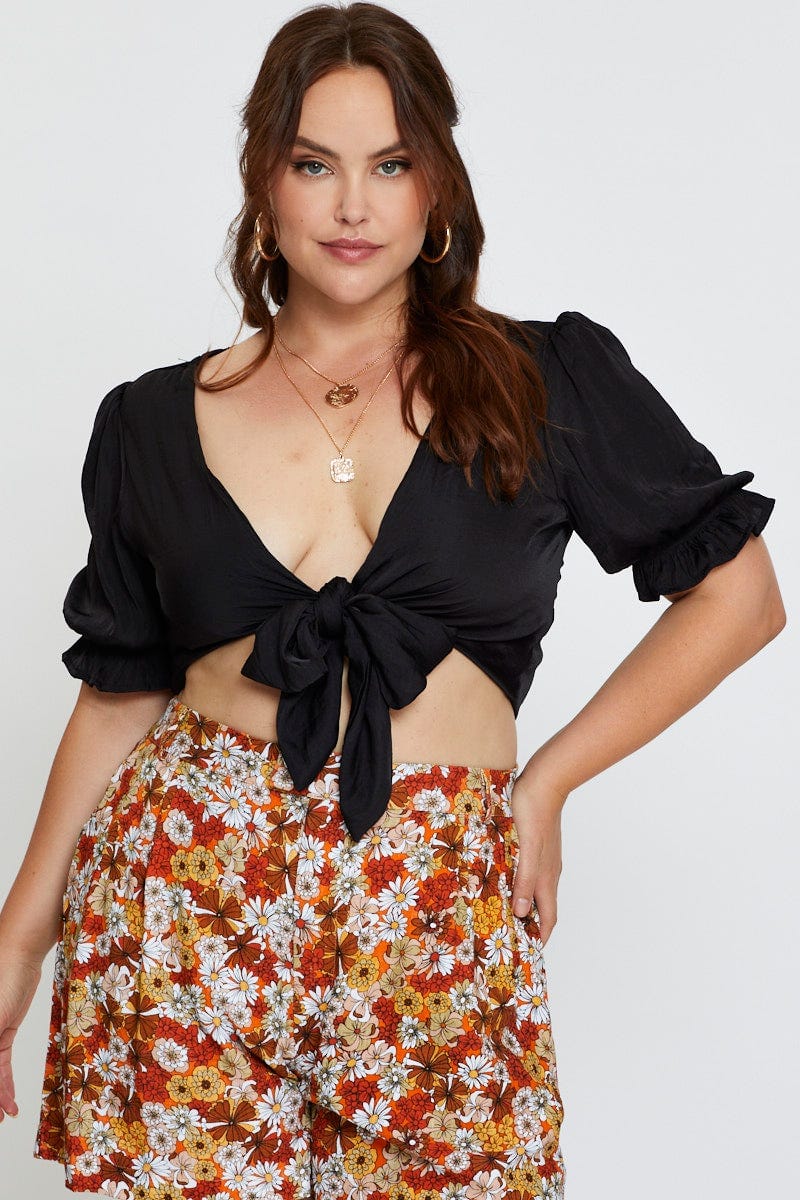 Black Crop Borelo Short Sleeve Tie Up For Women By You And All