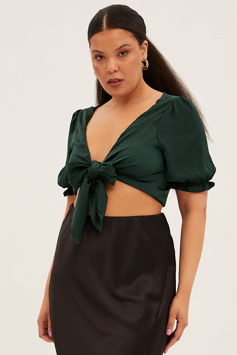 Green Satin Tie Front Short Sleeve Bolero Top for YouandAll Fashion
