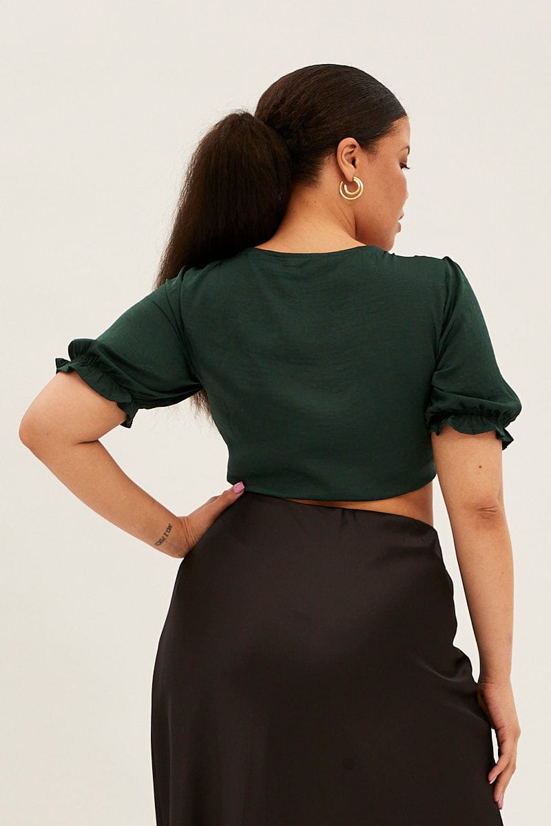Green Satin Tie Front Short Sleeve Bolero Top for YouandAll Fashion