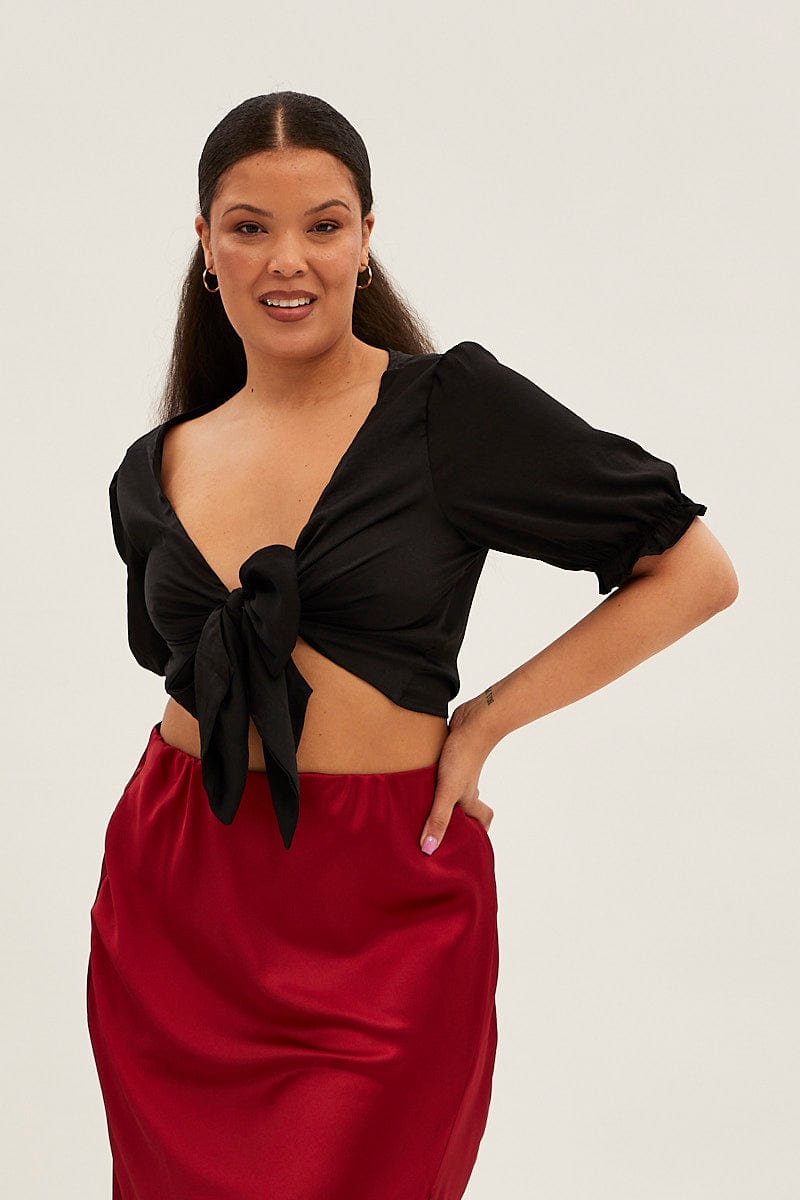 Black Satin Tie Front Short Sleeve Bolero Top for YouandAll Fashion