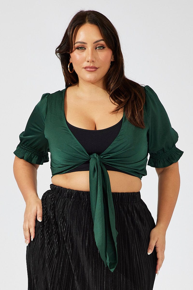 Green Satin Bolero Top Tie Front Puff Sleeve for YouandAll Fashion