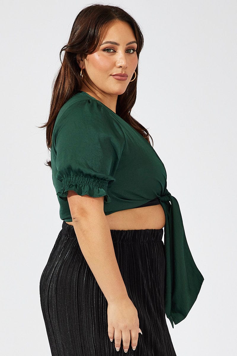 Green Satin Bolero Top Tie Front Puff Sleeve for YouandAll Fashion