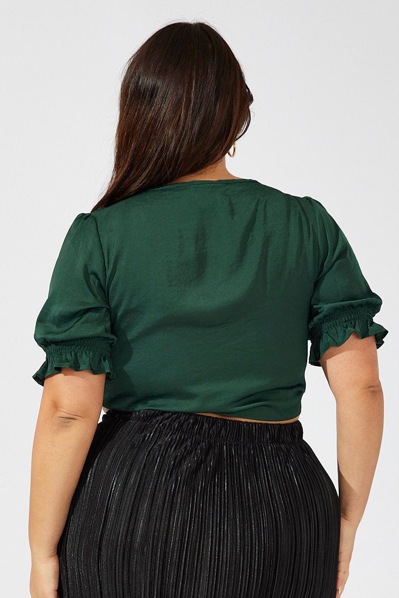 Green Satin Bolero Top Tie Front Puff Sleeve for YouandAll Fashion