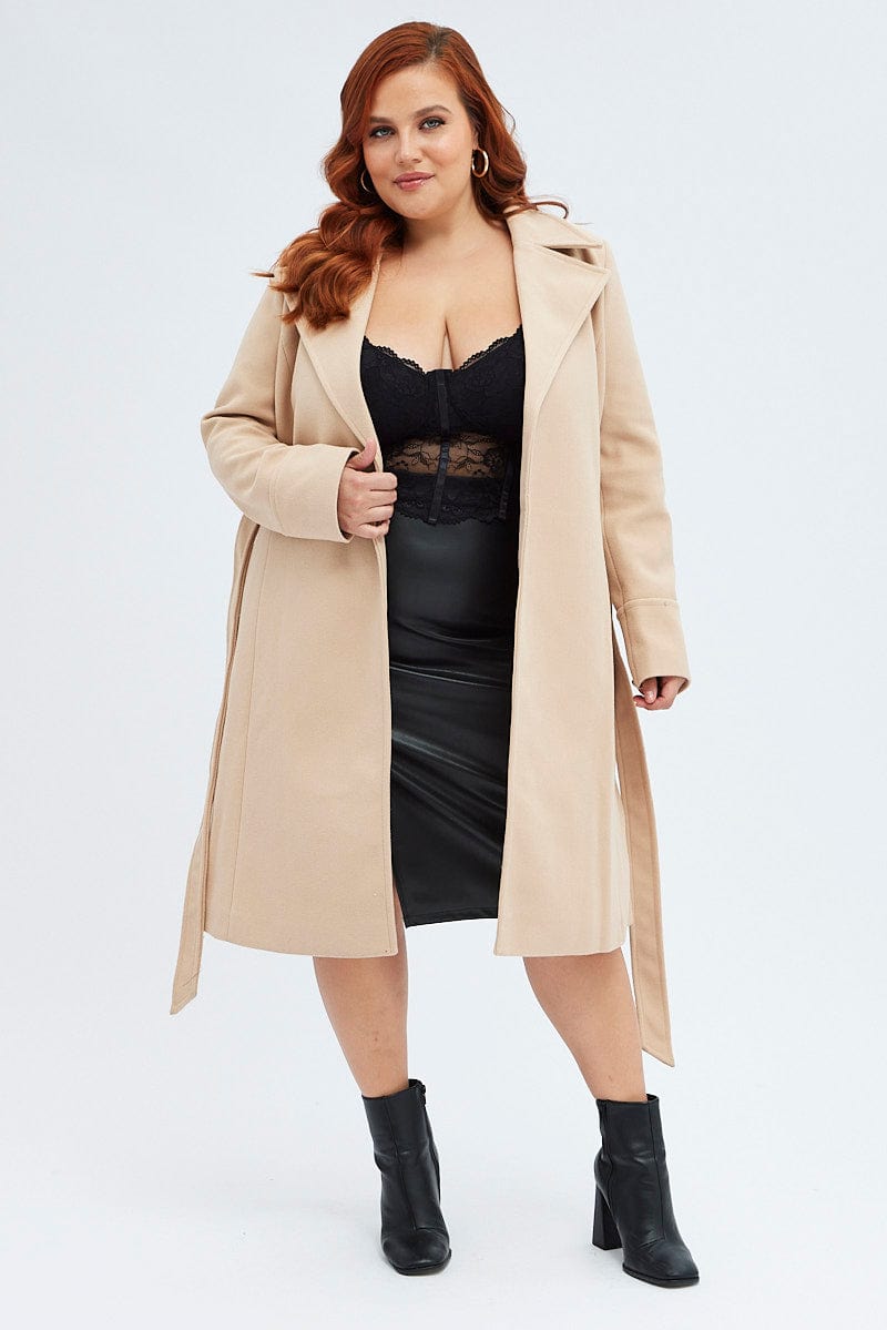 Beige Belted Coat Long Sleeve Button Front for YouandAll Fashion