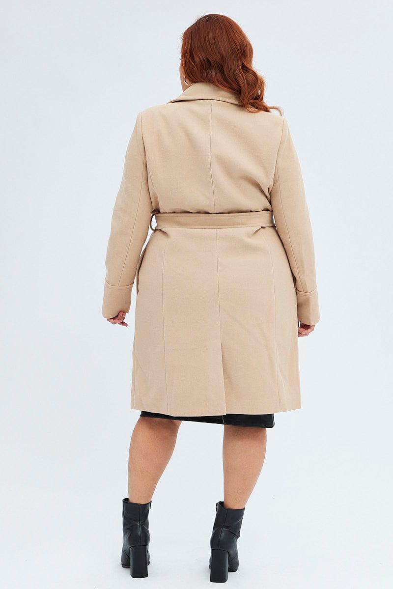 Beige Belted Coat Long Sleeve Button Front for YouandAll Fashion