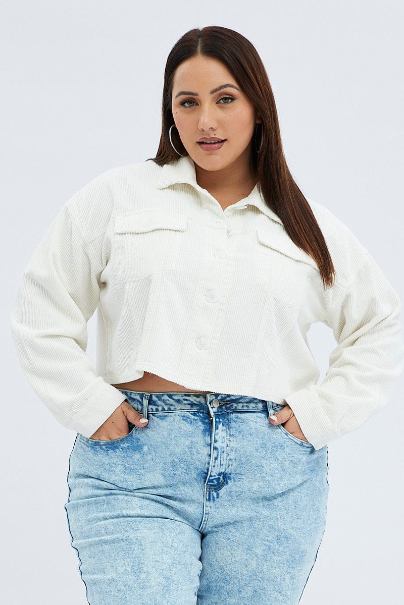 White Crop Jacket Corduroy Button Front for YouandAll Fashion