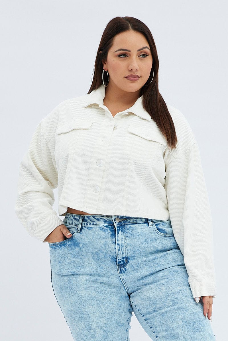 White Crop Jacket Corduroy Button Front for YouandAll Fashion