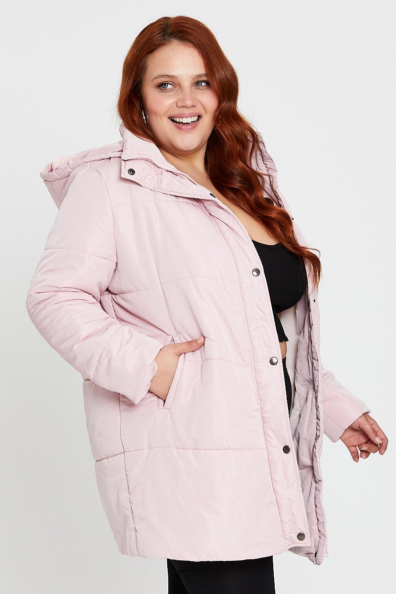Pink Puffer Jacket Long Sleeve Zip Front Longline For Women By You And All