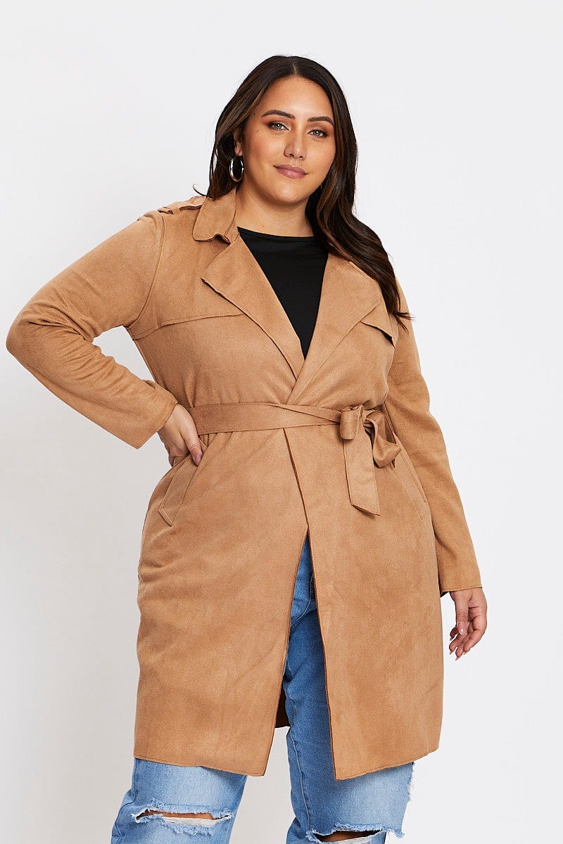 Camel Long Sleeve Suedette Draped Trench Coat For Women By You And All