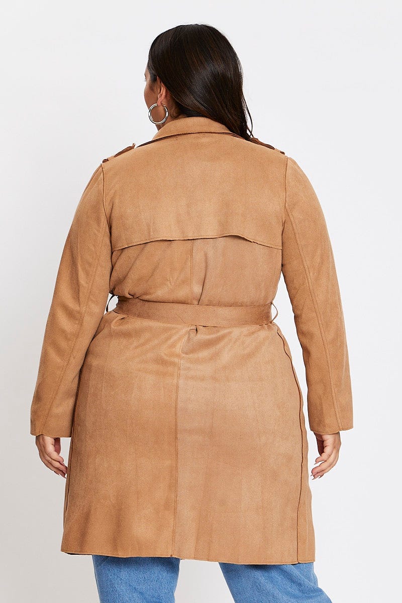 Camel Long Sleeve Suedette Draped Trench Coat For Women By You And All