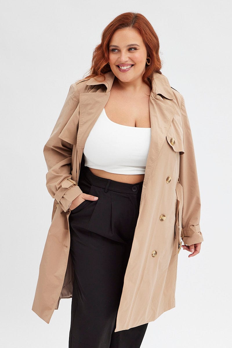 Beige Trench Coat Long Sleeve Belted Lined for YouandAll Fashion