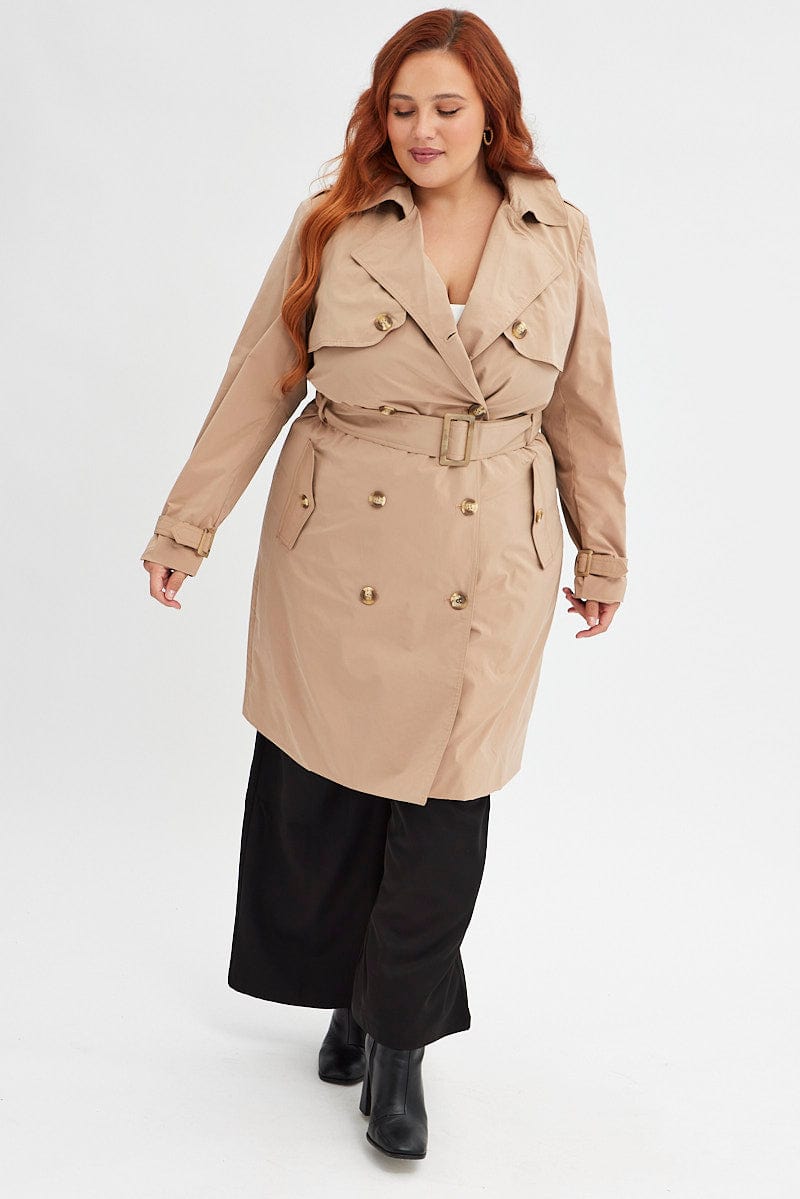 Beige Trench Coat Long Sleeve Belted Lined for YouandAll Fashion