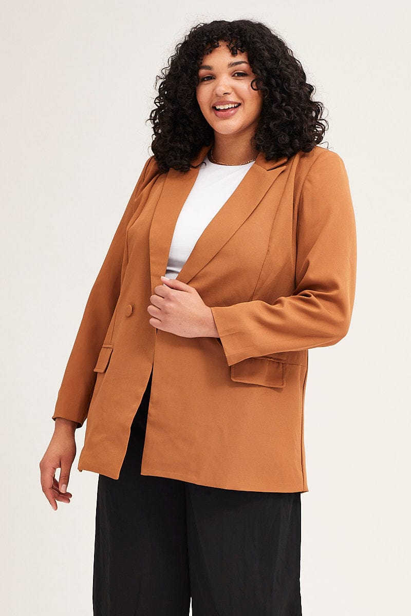 Camel Long Sleeve Double Breasted Blazer for Women by You + All