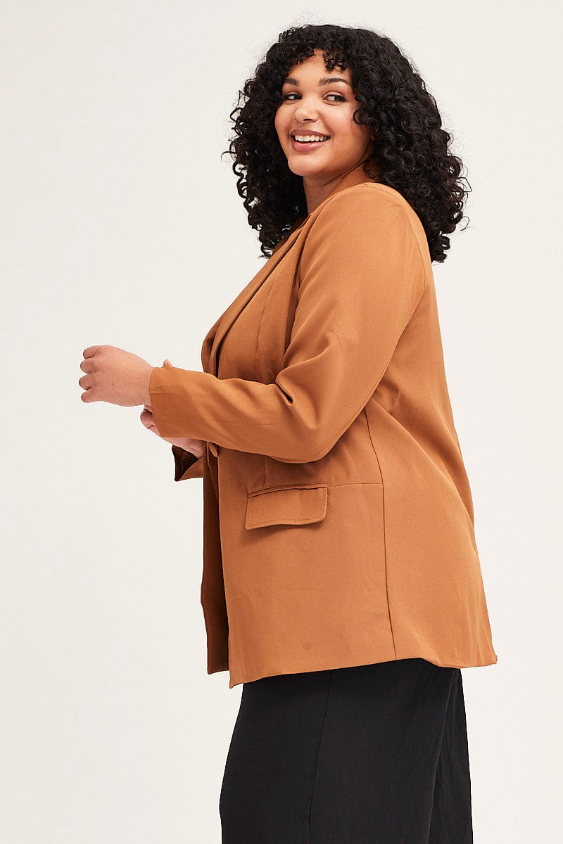 Camel Long Sleeve Double Breasted Blazer for Women by You + All