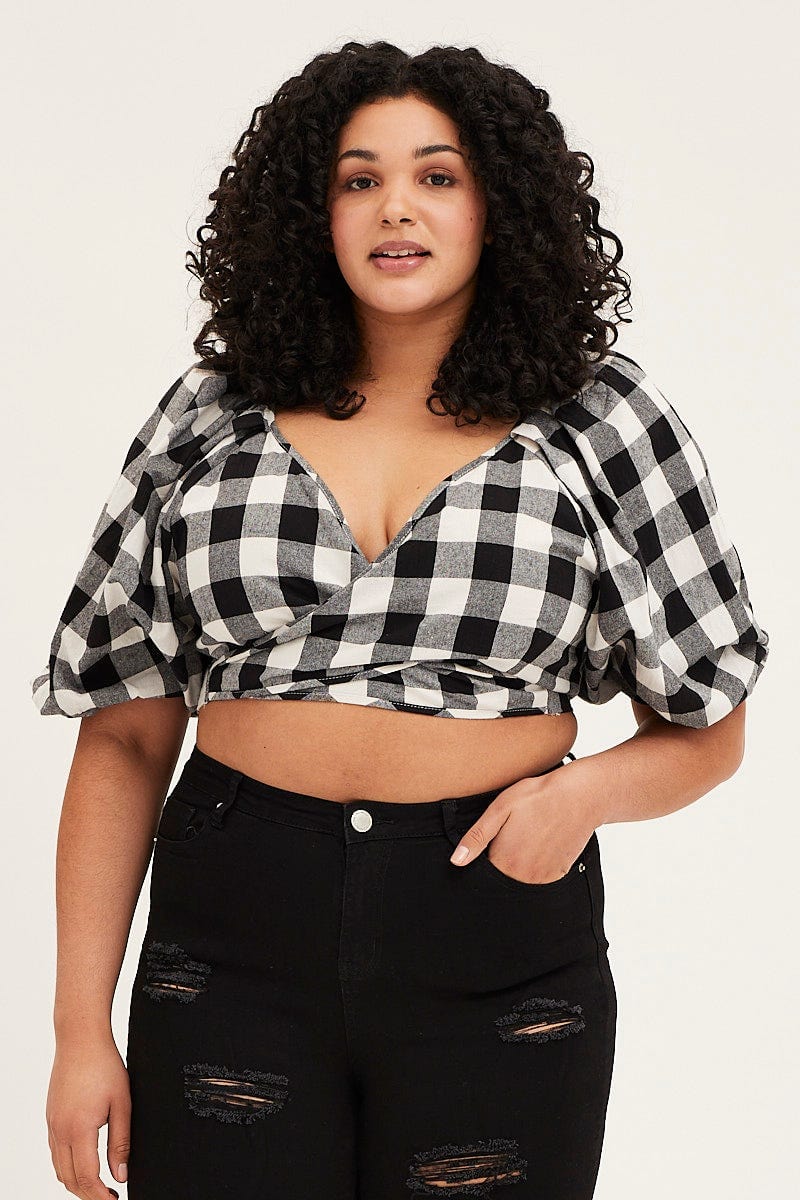 Check Short Puff Sleeve Black Gingham Check Wrap Bolero For Women By You And All