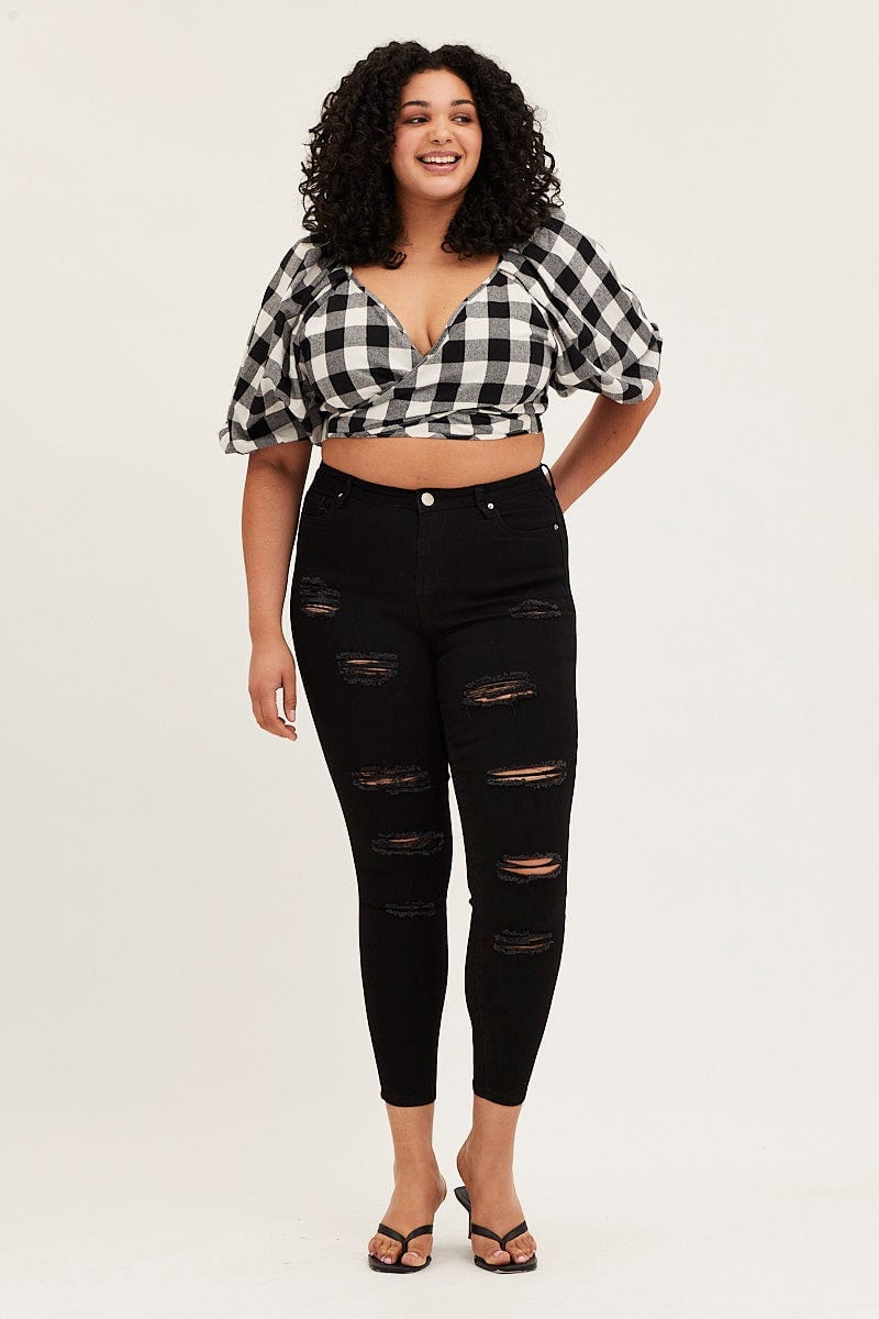 Check Short Puff Sleeve Black Gingham Check Wrap Bolero For Women By You And All