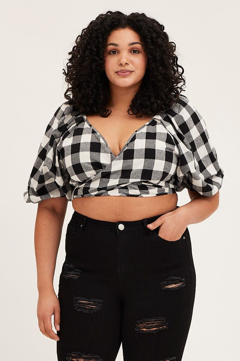 Check Short Puff Sleeve Black Gingham Check Wrap Bolero For Women By You And All