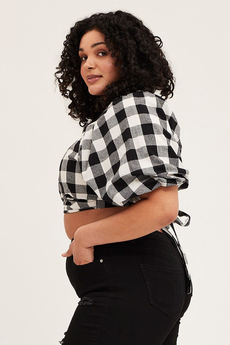 Check Short Puff Sleeve Black Gingham Check Wrap Bolero For Women By You And All