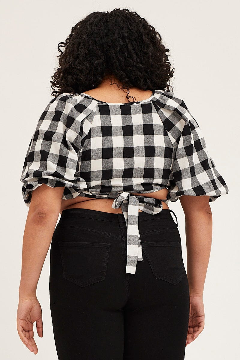 Check Short Puff Sleeve Black Gingham Check Wrap Bolero For Women By You And All