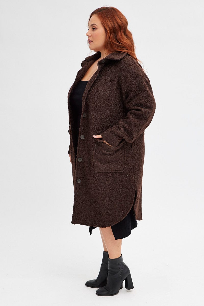 Brown Boucle Shacket Coat Longline for YouandAll Fashion