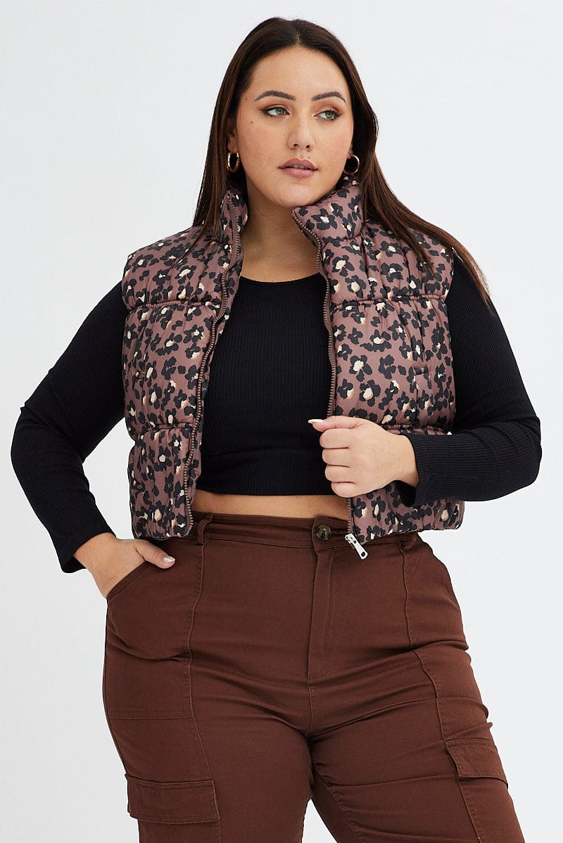 Brown Animal Print Puffer Vest Crop Sleeveless Leopard for YouandAll Fashion