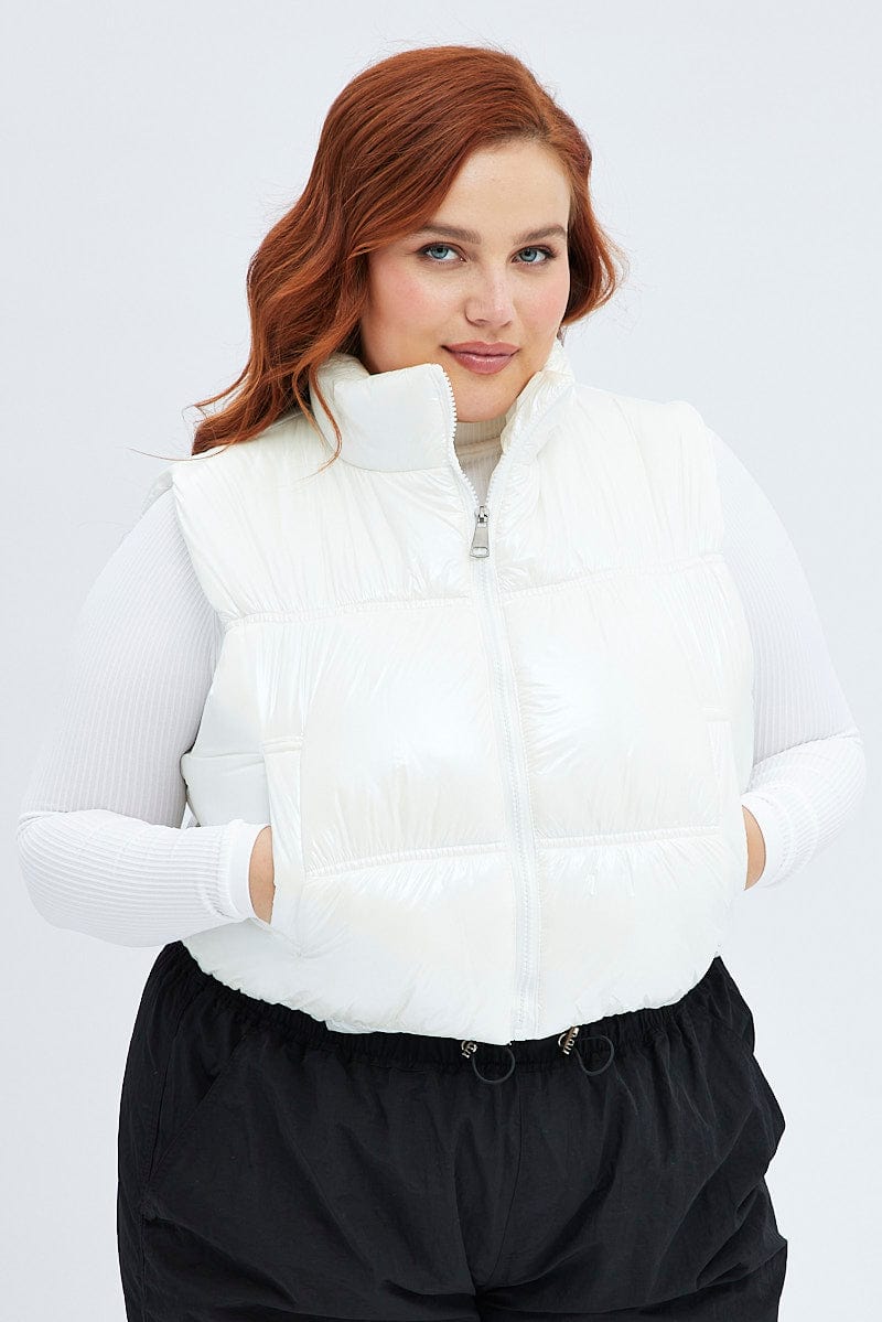 White Puffer Vest Sleeveless Shiny Crop for YouandAll Fashion