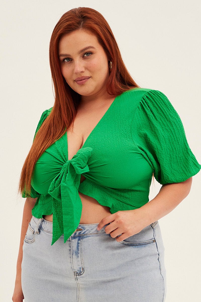 Green Tie Bolero Crop Textured Puff Sleeve for YouandAll Fashion