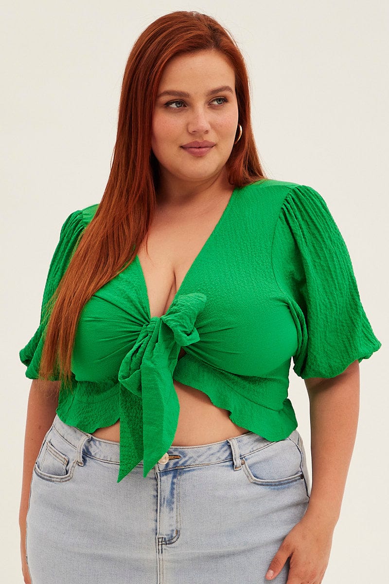 Green Tie Bolero Crop Textured Puff Sleeve for YouandAll Fashion