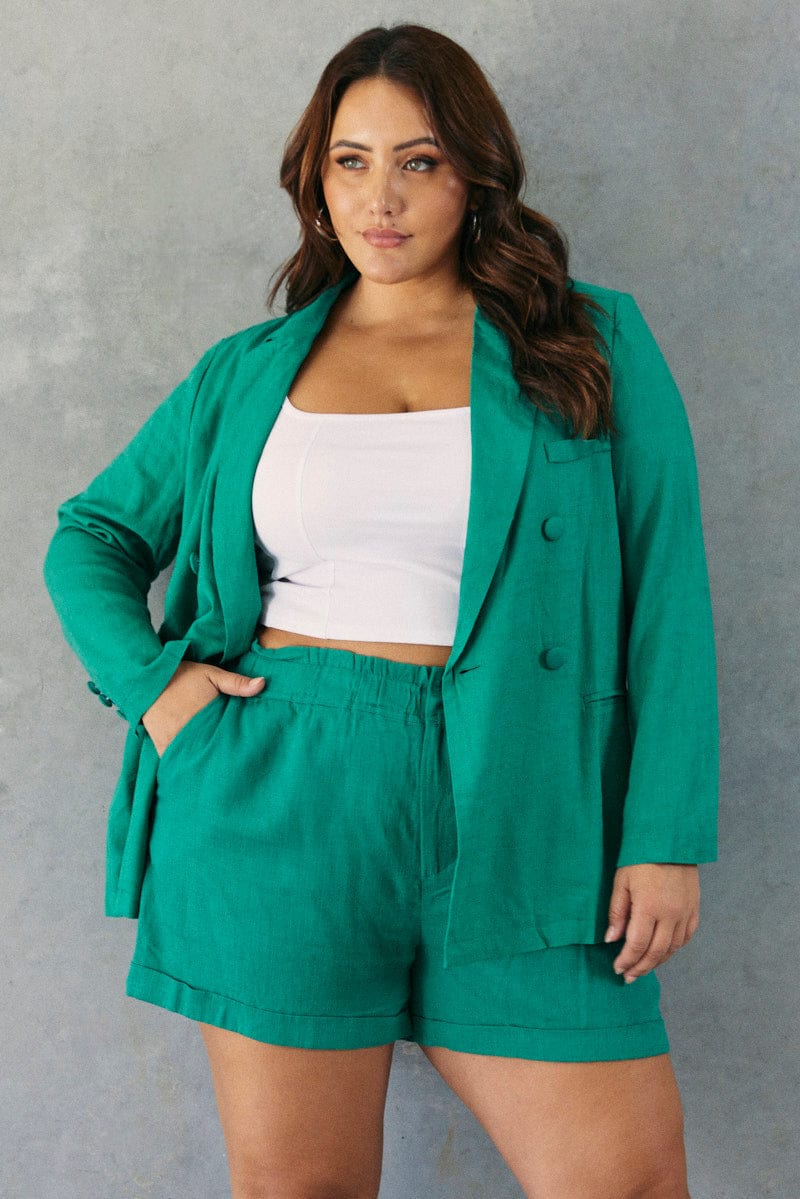 Green Linen Blazer Long Sleeve Double Breasted for YouandAll Fashion