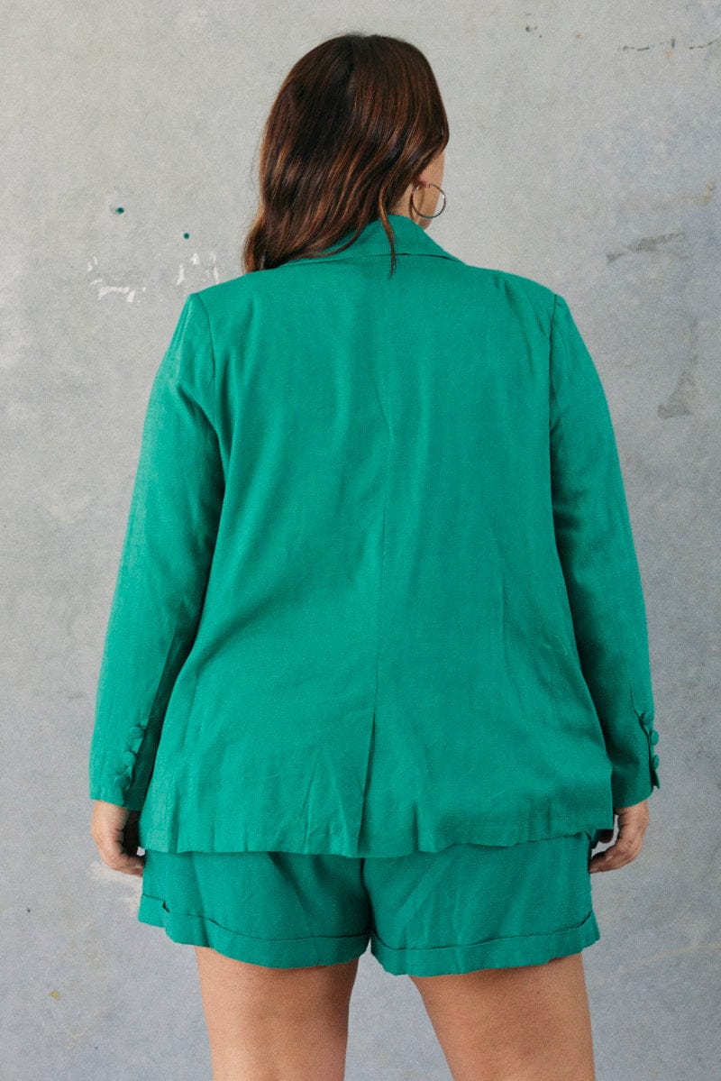 Green Linen Blazer Long Sleeve Double Breasted for YouandAll Fashion