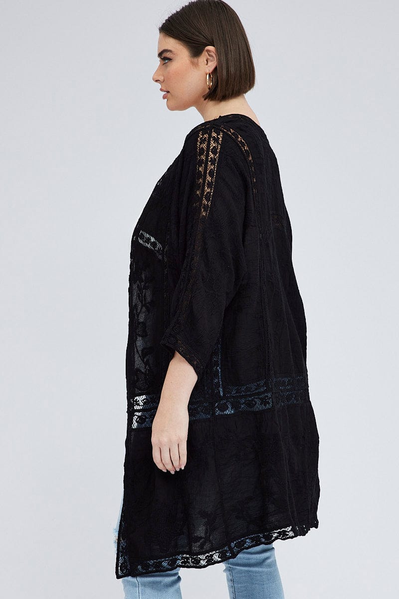 Black Embroidered Kimono Mesh 3/4 Sleeve for YouandAll Fashion
