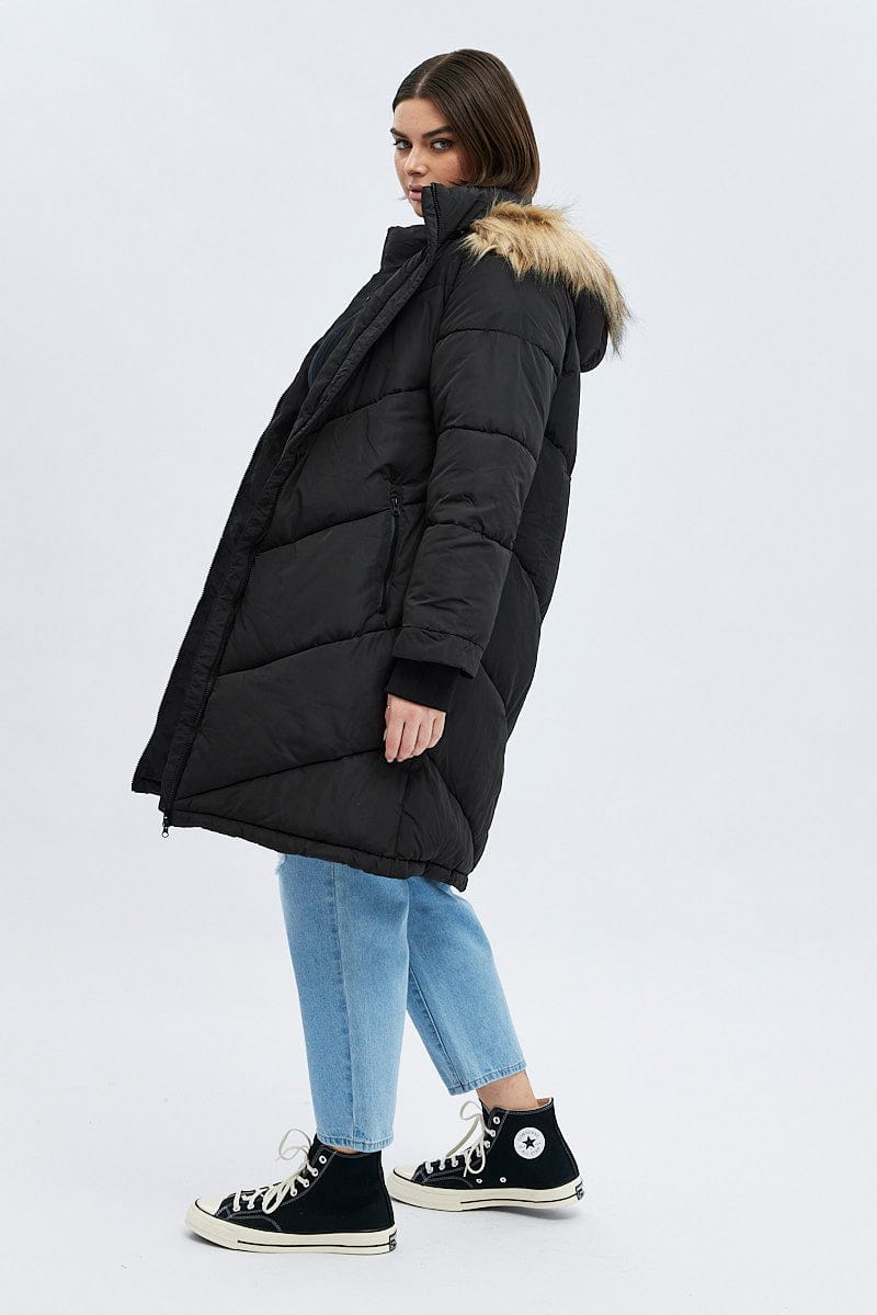 Black Puffer Coat Faux Fur Trimmed Longline for YouandAll Fashion