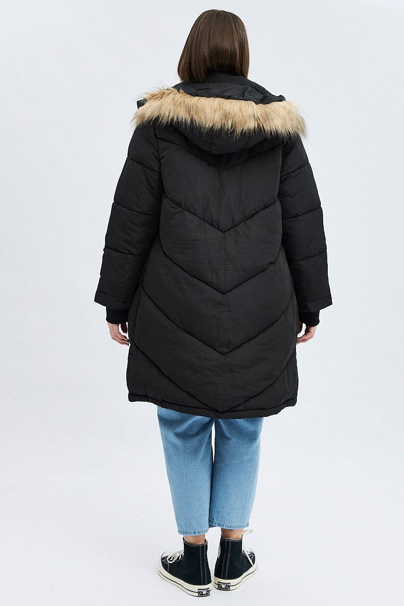 Black Puffer Coat Faux Fur Trimmed Longline for YouandAll Fashion