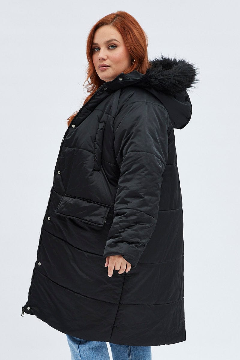 Black Puffer Coat Fur Hood High Shine Long Sleeve for YouandAll Fashion