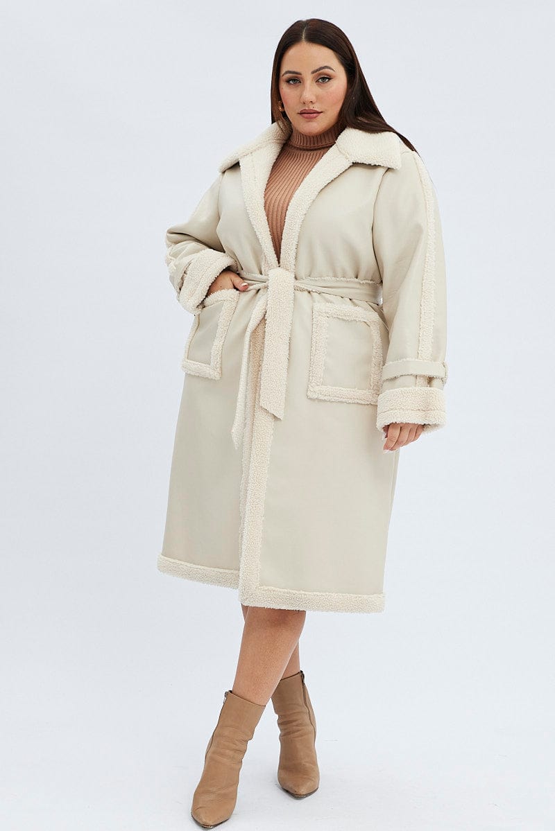 Camel Long Coat Shearling Lined PU for YouandAll Fashion