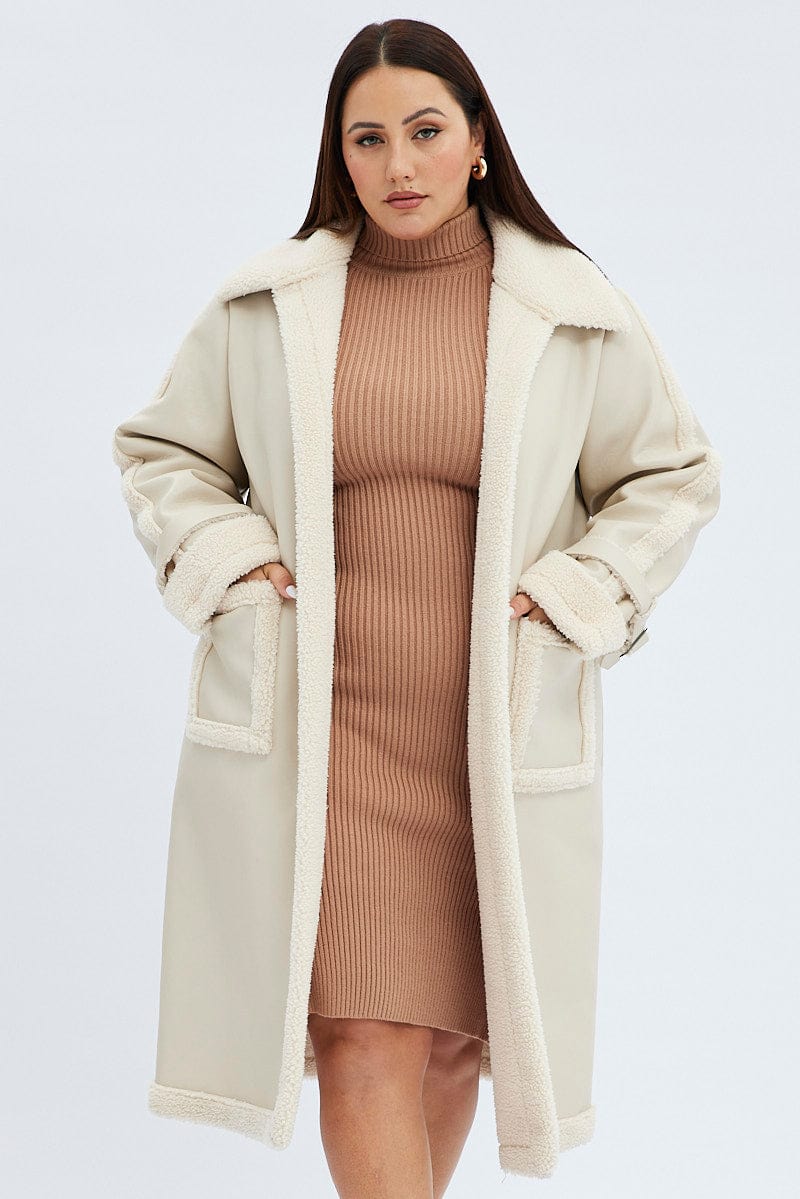 Camel Long Coat Shearling Lined PU for YouandAll Fashion