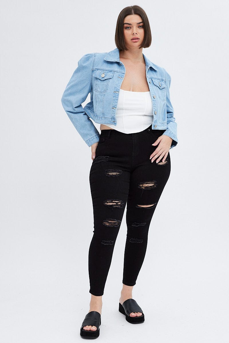 Puff sleeve denim outlet jacket plus size